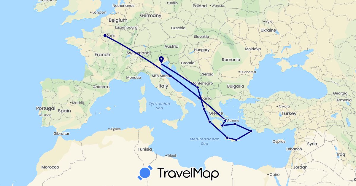 TravelMap itinerary: driving in France, Greece, Italy, Montenegro (Europe)